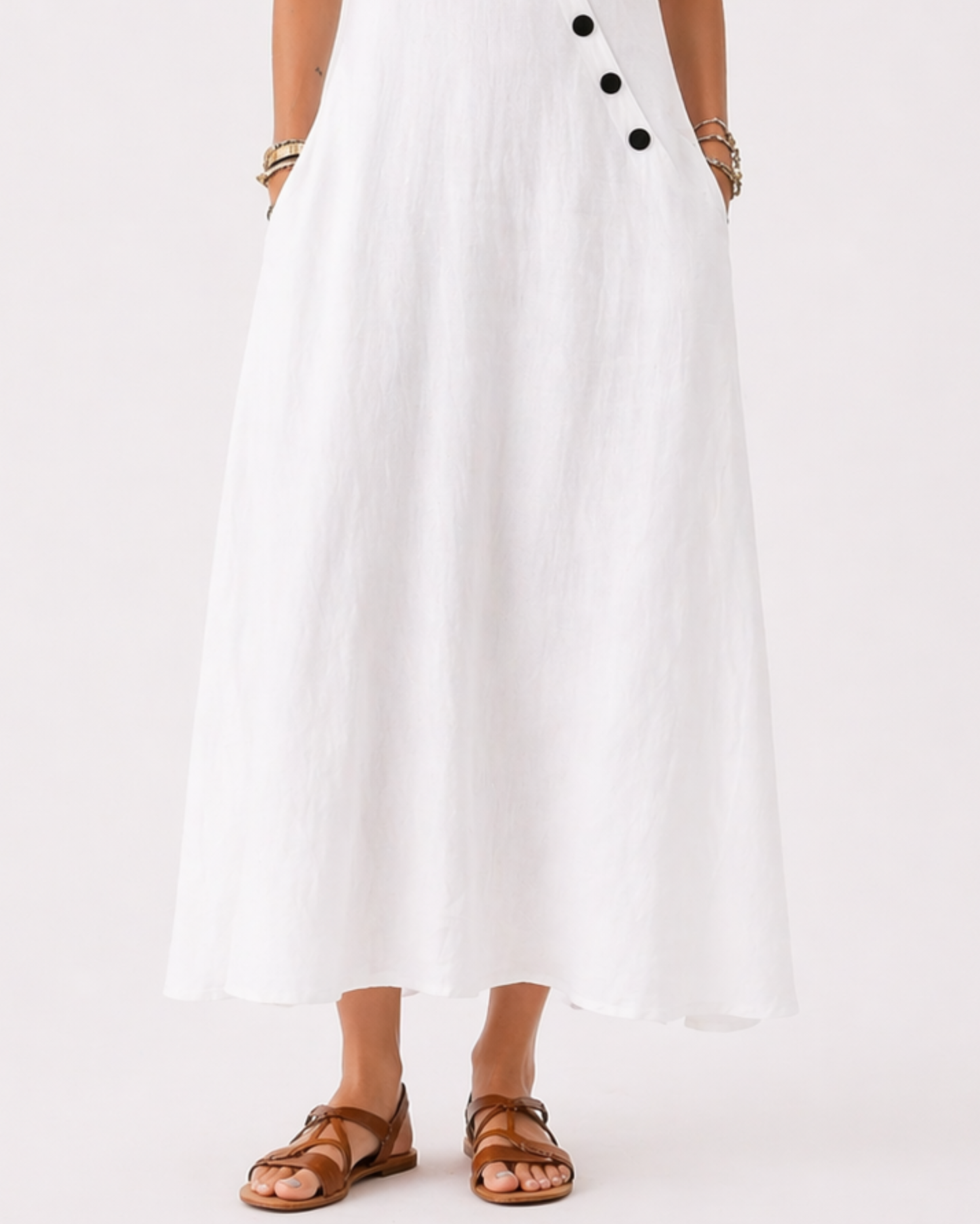 Ärmelloses Weißes Midi Kleid mit Knopfleiste