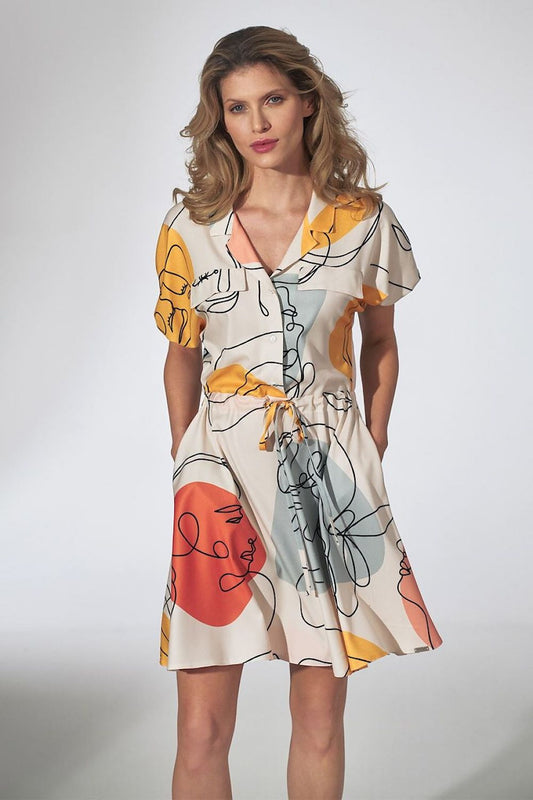 Gemustertes Kleid mit Kragen und Taillenzug