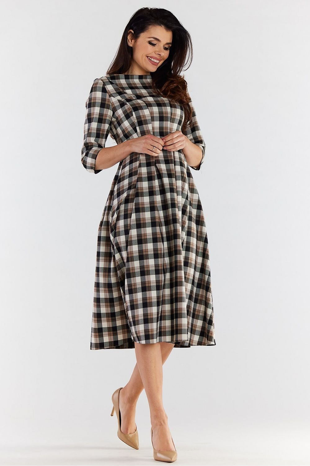Kariertes Midi-Kleid mit 3/4-Ärmeln