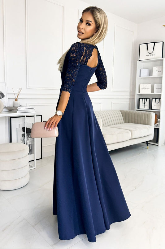 Elegantes feminines Abendkleid aus Spitze mit Schlitz
