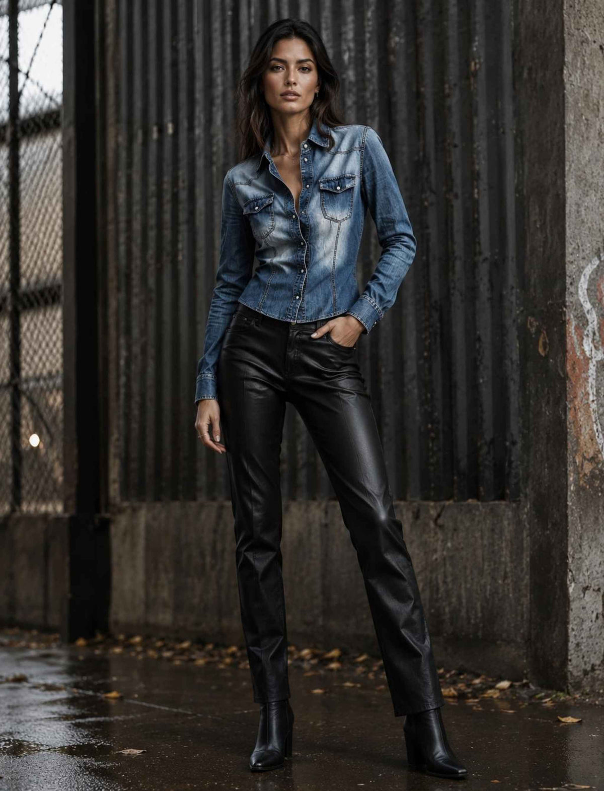 Damen Rebel Herbst Outfit mit blauer Jeansbluse, schwarzer Lederhose und schwarzen Stiefeletten