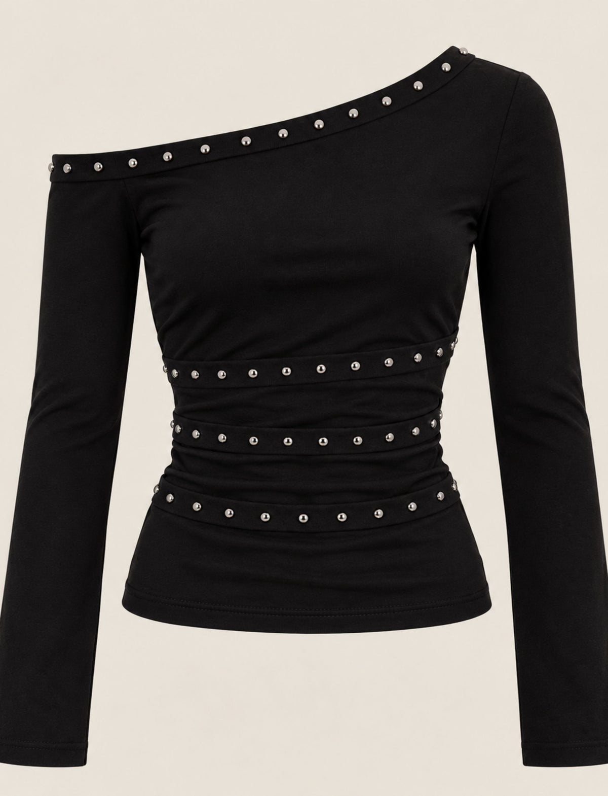 Asymmetrisches Damen Langarmshirt mit Nietenbesatz und langen Ärmeln in Produktansicht