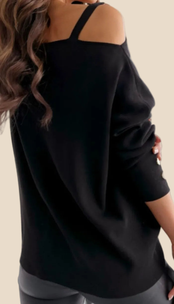 Schwarzer Damen One Shoulder Pullover mit asymmetrischem Ausschnitt, goldenen Schnallen am Träger und dekorativen Knöpfen an den Ärmeln