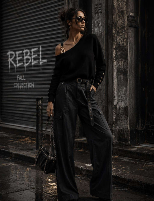 Damen Rebel Herbst Outfit mit schwarzem One Shoulder Pullover mit goldenen Details, schwarzer Wide Leg Cargohose und schwarzer Handtasche