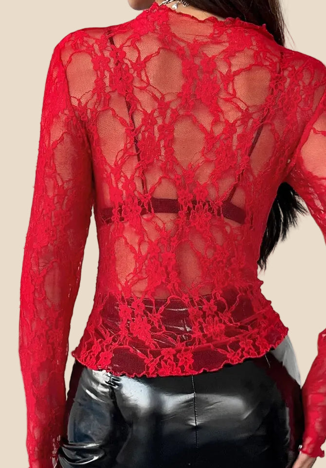 Rotes transparentes Spitzen-Langarmtop für Damen mit floralem Muster und figurbetonter Passform