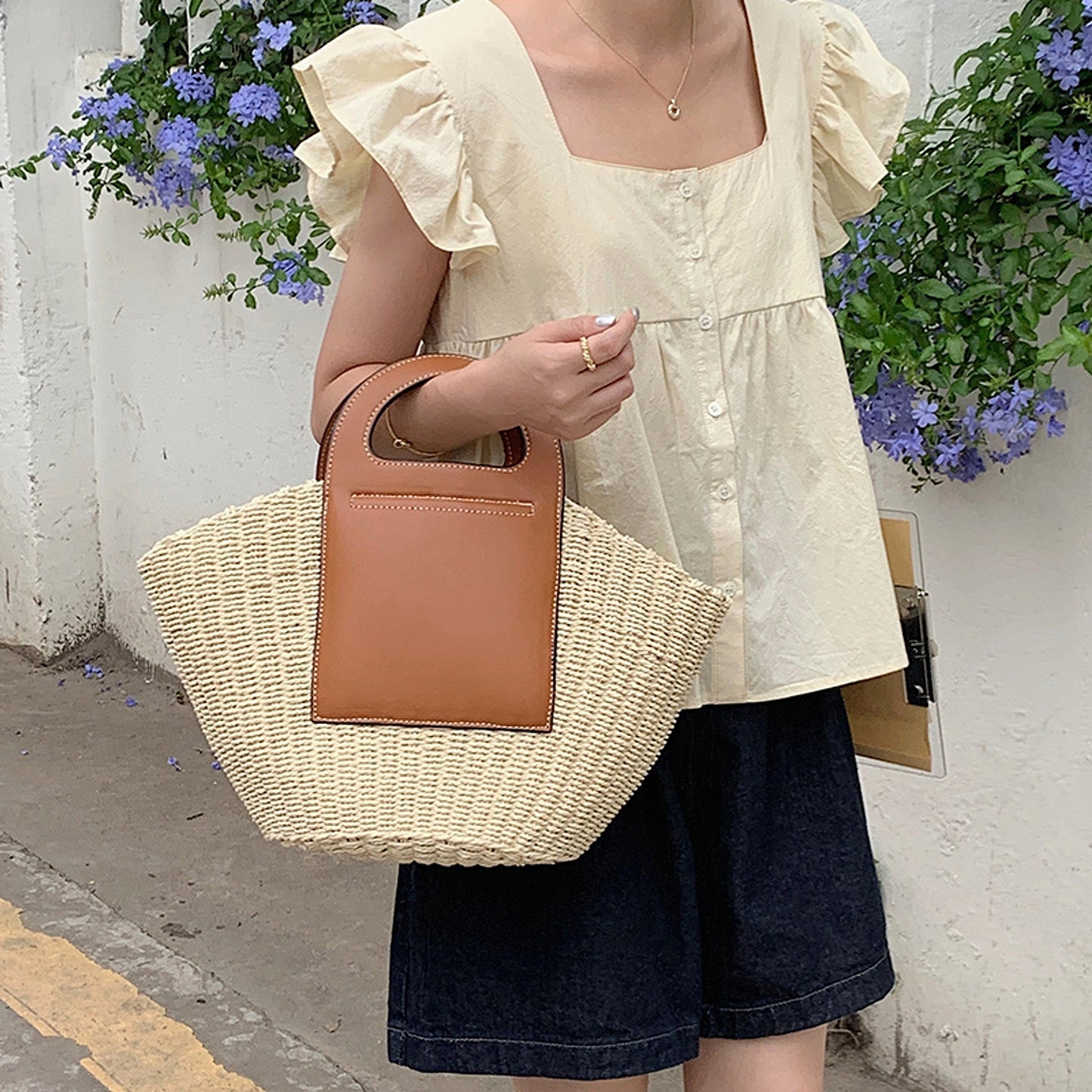 Retro Strohtasche mit Kontrastgriff Damen – SolunaWeave™