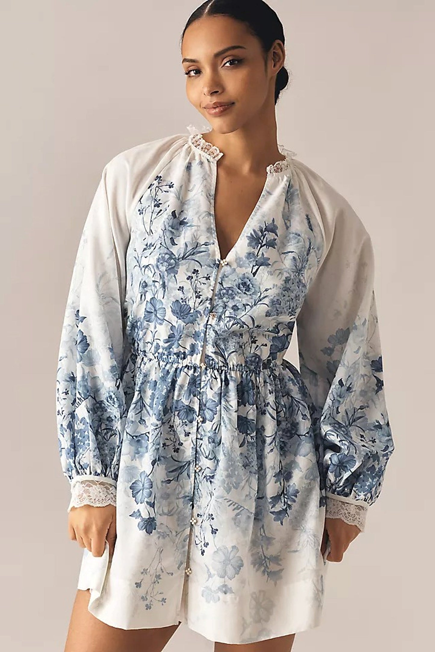 Damen Minikleid mit Blumenmuster und Puffärmeln