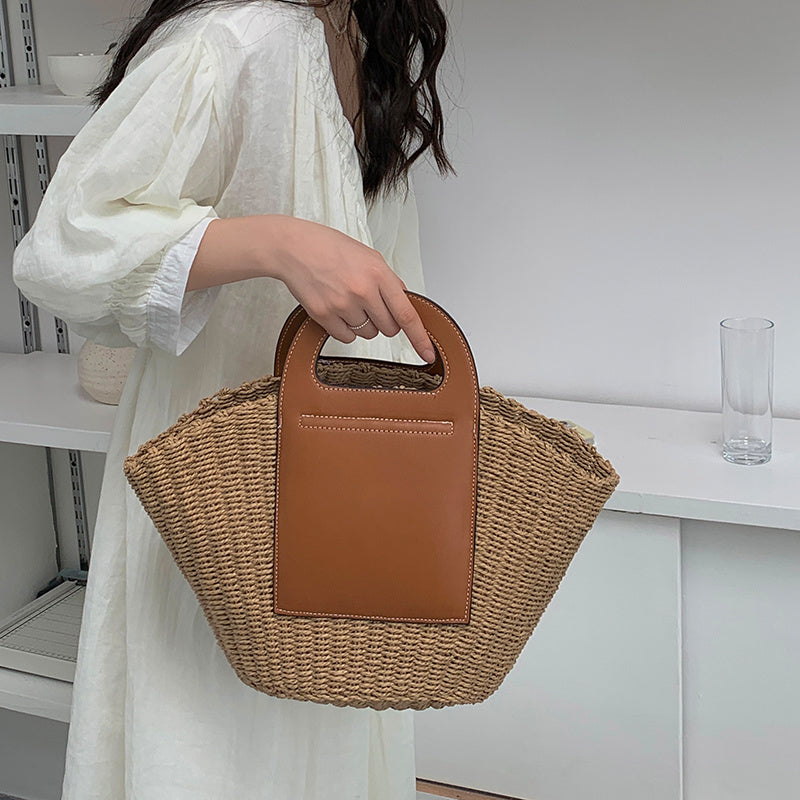 Retro Strohtasche mit Kontrastgriff Damen – SolunaWeave™
