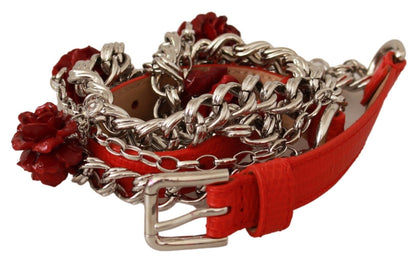Dolce & Gabbana Taillengürtel aus Leder in Rot mit Rosenmotiv und silberfarbenen Details