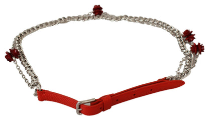 Dolce & Gabbana Taillengürtel aus Leder in Rot mit Rosenmotiv und silberfarbenen Details