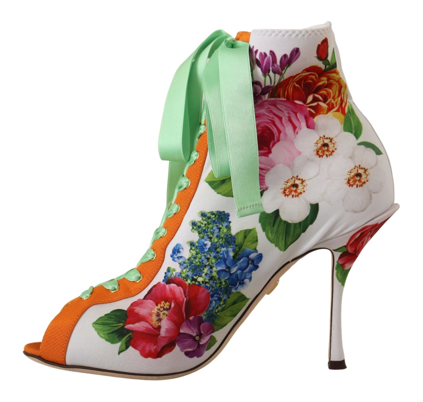 Dolce & Gabbana Stretch-Boots aus Jersey in Weiß mit floralem Print und Open Toe