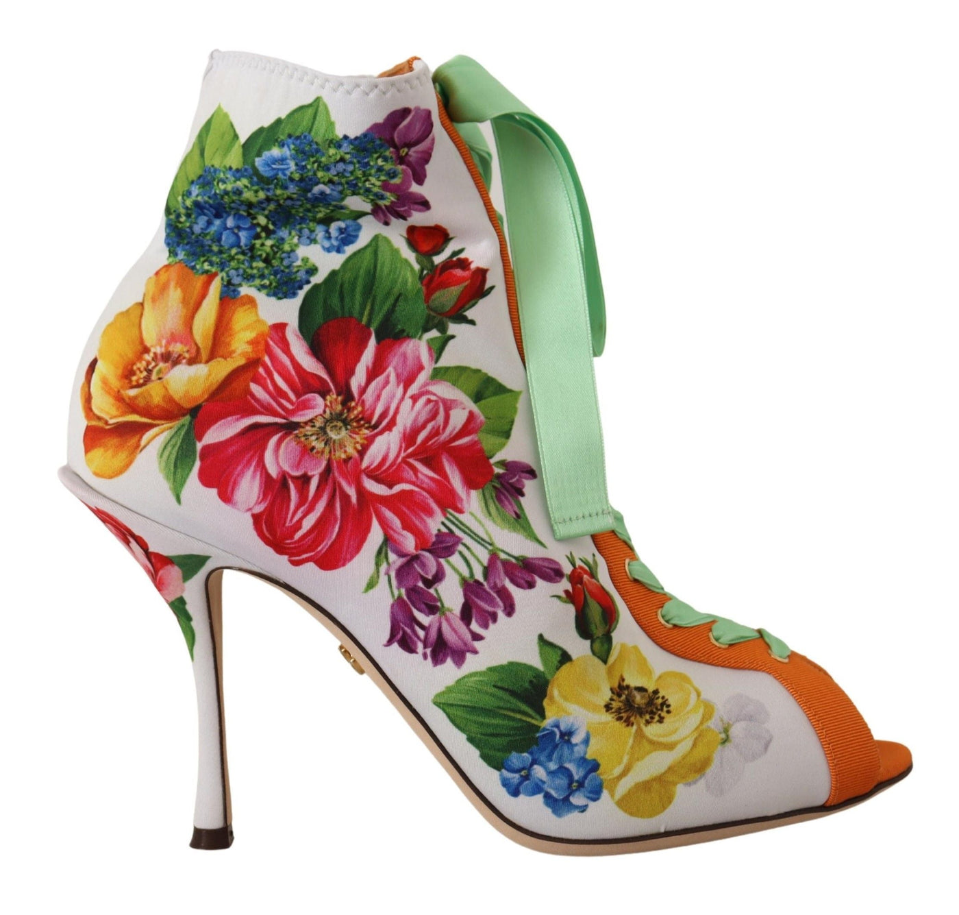 Dolce & Gabbana Stretch-Boots aus Jersey in Weiß mit floralem Print und Open Toe