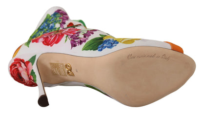 Dolce & Gabbana Stretch-Boots aus Jersey in Weiß mit floralem Print und Open Toe