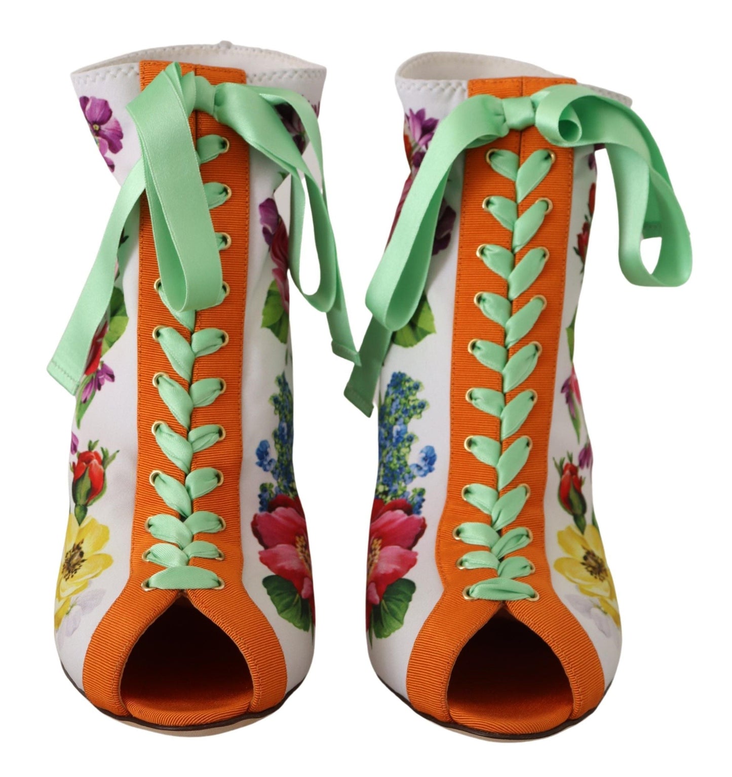 Dolce & Gabbana Stretch-Boots aus Jersey in Weiß mit floralem Print und Open Toe