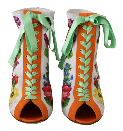 Dolce & Gabbana Stretch-Boots aus Jersey in Weiß mit floralem Print und Open Toe