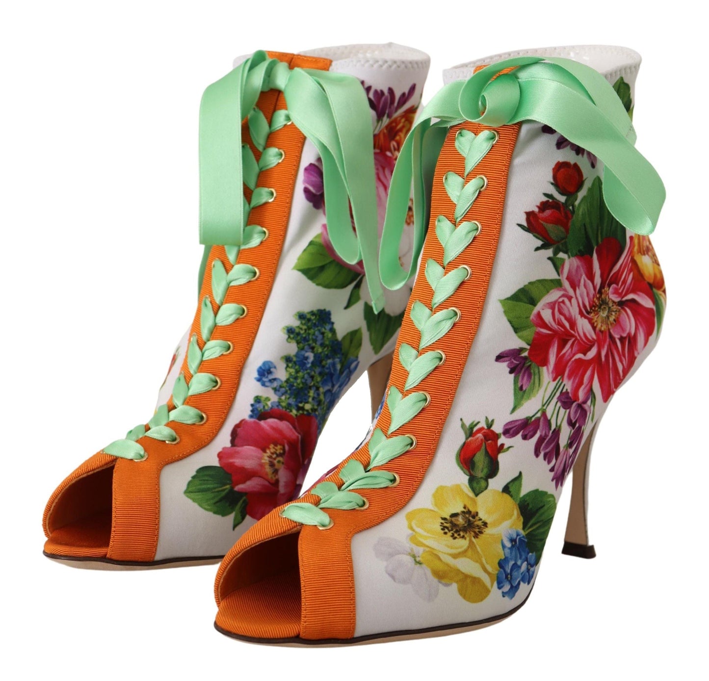 Dolce & Gabbana Stretch-Boots aus Jersey in Weiß mit floralem Print und Open Toe
