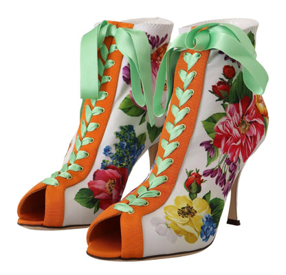 Dolce & Gabbana Stretch-Boots aus Jersey in Weiß mit floralem Print und Open Toe