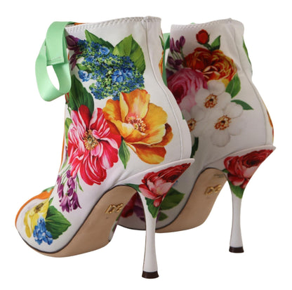 Dolce & Gabbana Stretch-Boots aus Jersey in Weiß mit floralem Print und Open Toe