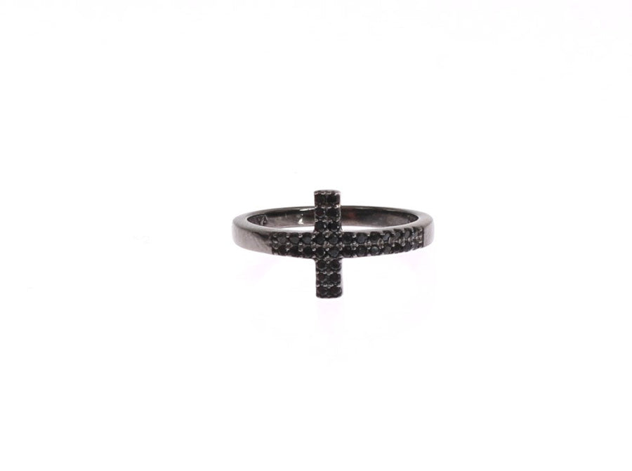Nialaya Damen Ring aus rhodiniertem Sterlingsilber in Schwarz mit CZ-Kristallen