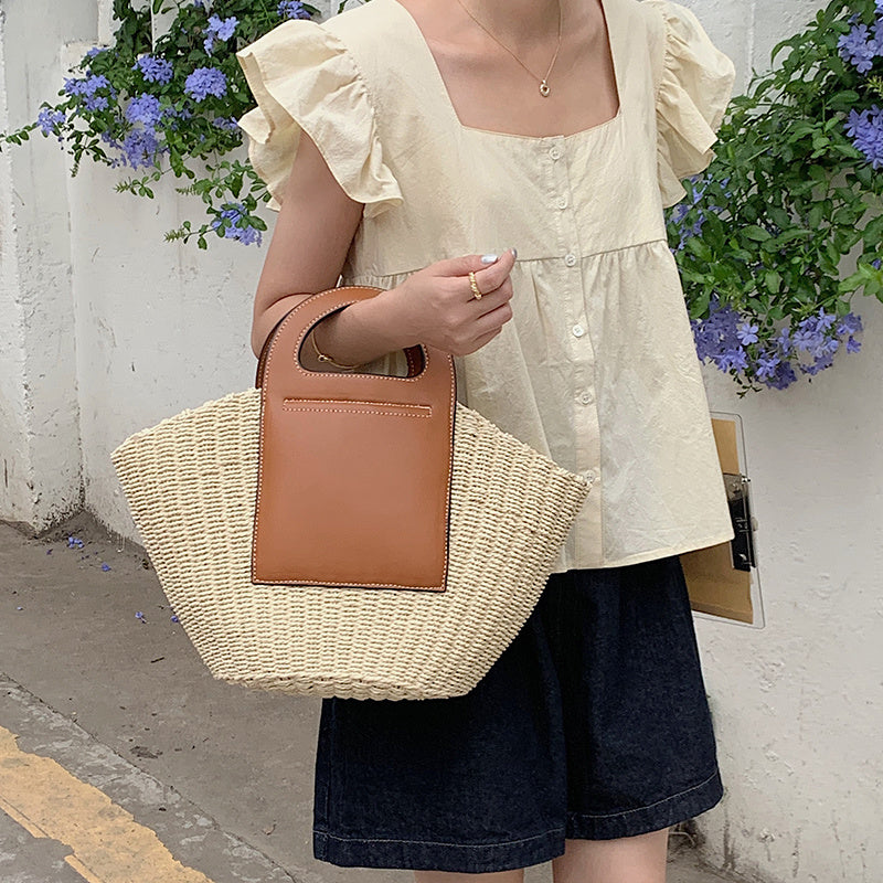 Retro Strohtasche mit Kontrastgriff Damen – SolunaWeave™