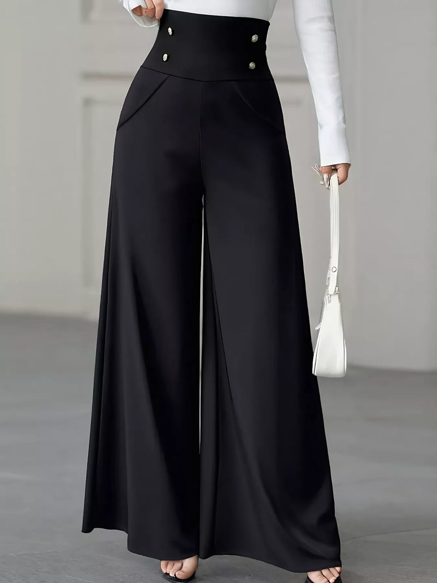 Damen High Waist Stoffhose mit weitem Bein und Zierknöpfen