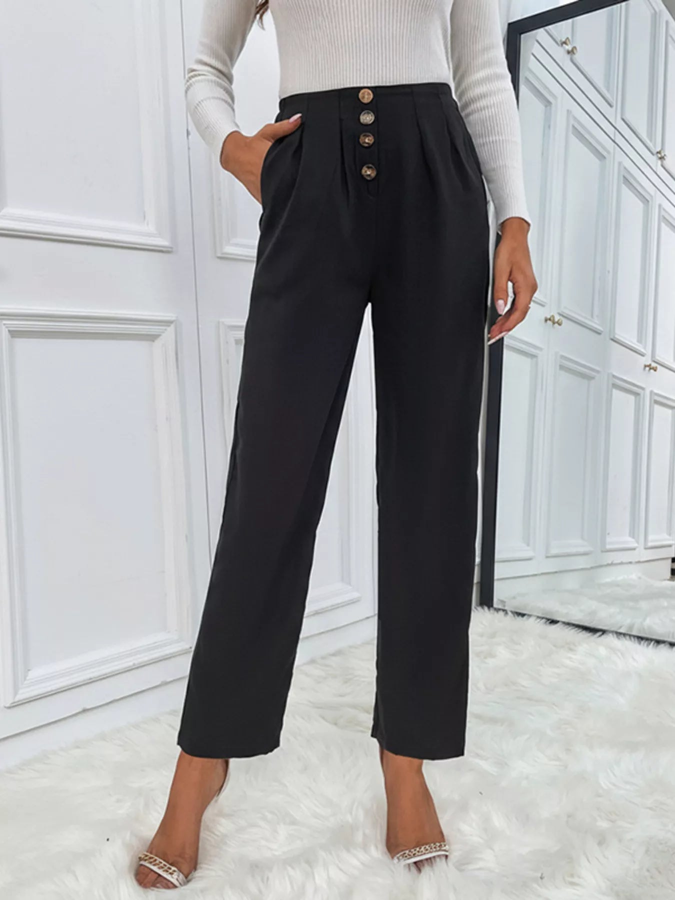 Damen High Waist Stoffhose mit weitem Bein und Knopfleiste