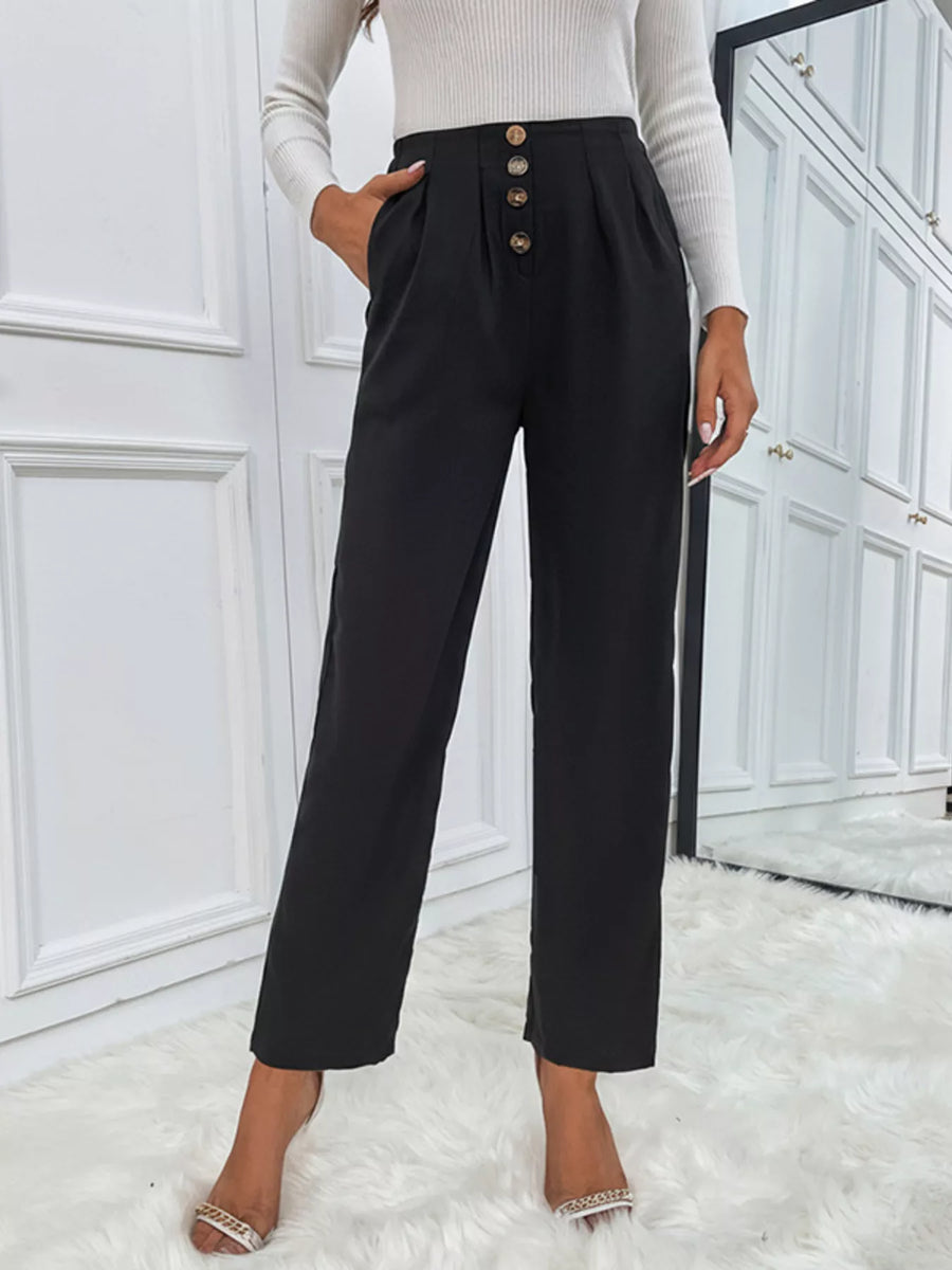 Damen High Waist Stoffhose mit weitem Bein und Knopfleiste