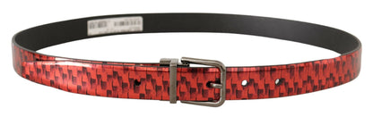 Dolce & Gabbana Gürtel aus Leder in Rot mit Fischgrätmuster und grauer Schließe
