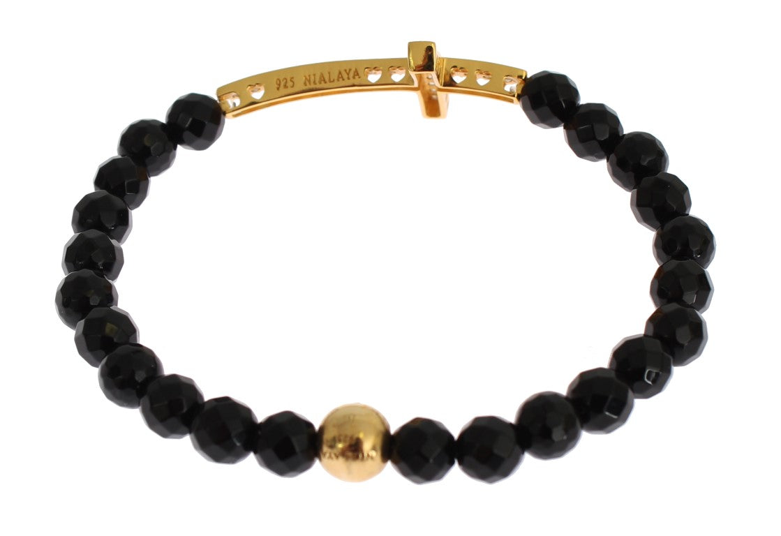 Nialaya Damen Armband aus vergoldetem Sterlingsilber mit Achat und Kreuz