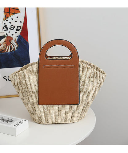 Retro Strohtasche mit Kontrastgriff Damen – SolunaWeave™