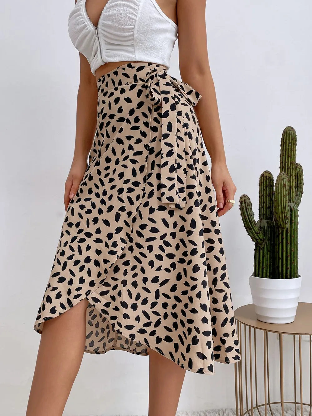 Damen Midirock mit Animal Print, Bindeband und Schlitz