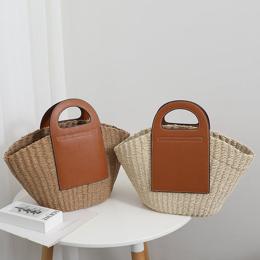 Retro Strohtasche mit Kontrastgriff Damen – SolunaWeave™