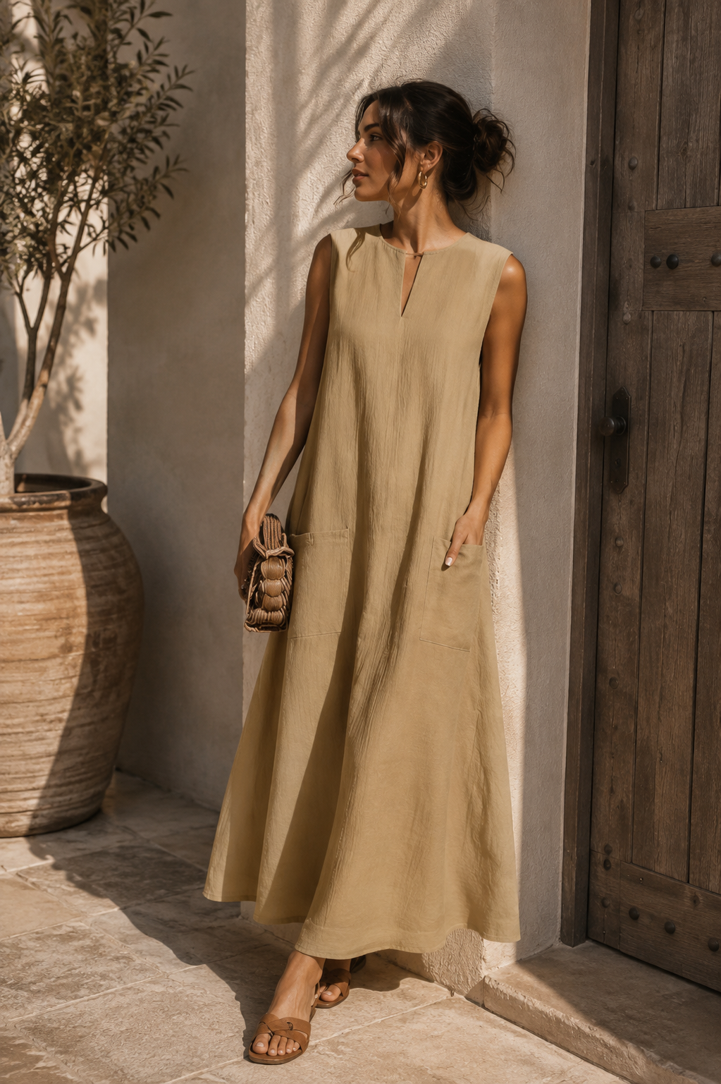 Damen Maxikleid ärmellos mit Rundhalsausschnitt