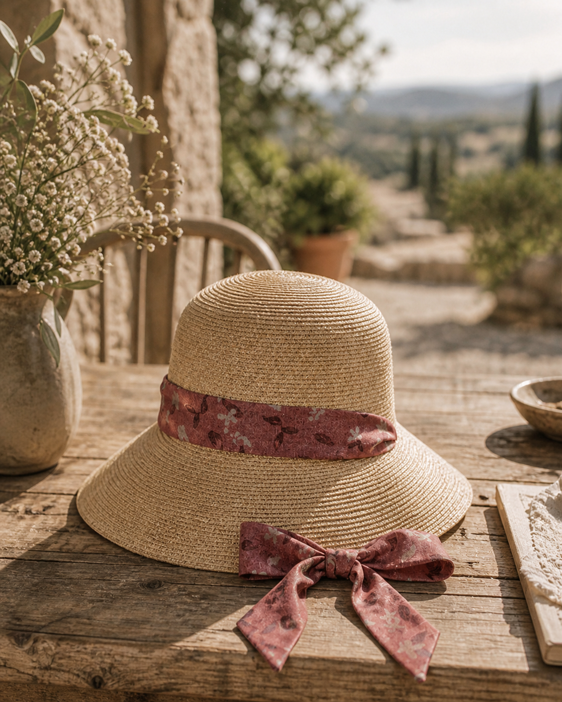 Eleganter Damen Strohhut mit floralem Band – Sommerhut mit Krempe