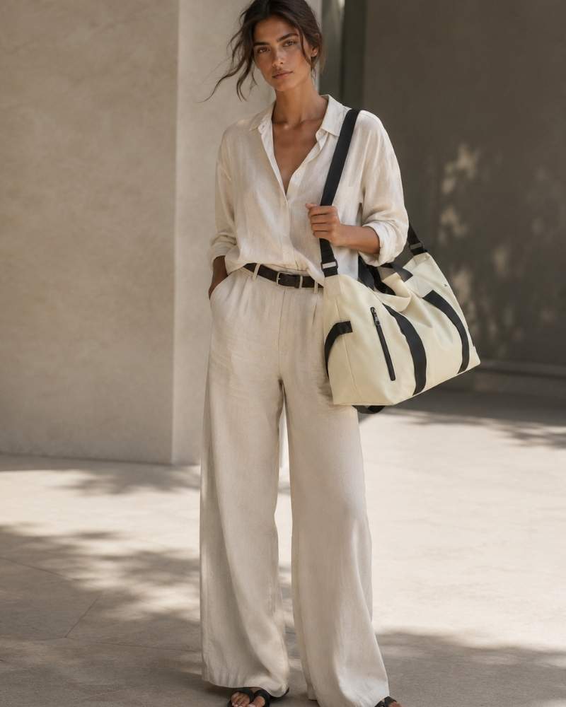 Model trägt ein weißes Leinenhemd und eine weite Leinenhose mit beige-schwarzer Damen Reisetasche in moderner Sommerkulisse.
