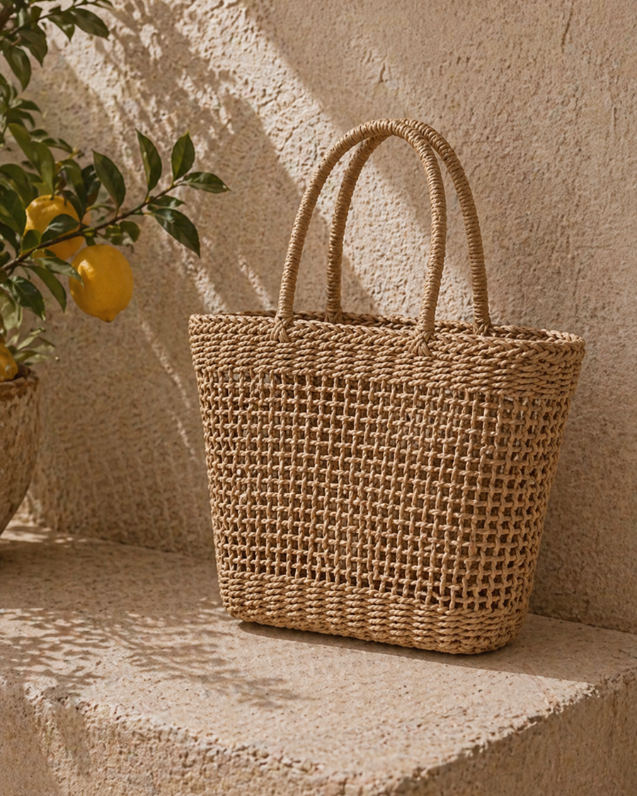 Große Damen Strohtasche – Geflochtene Sommertasche mit Tragehenkeln