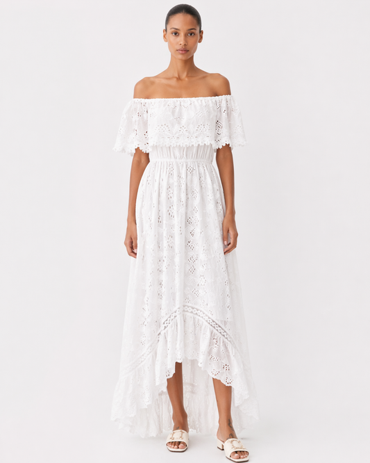 Off-Shoulder Weißes Spitzen Maxi Kleid