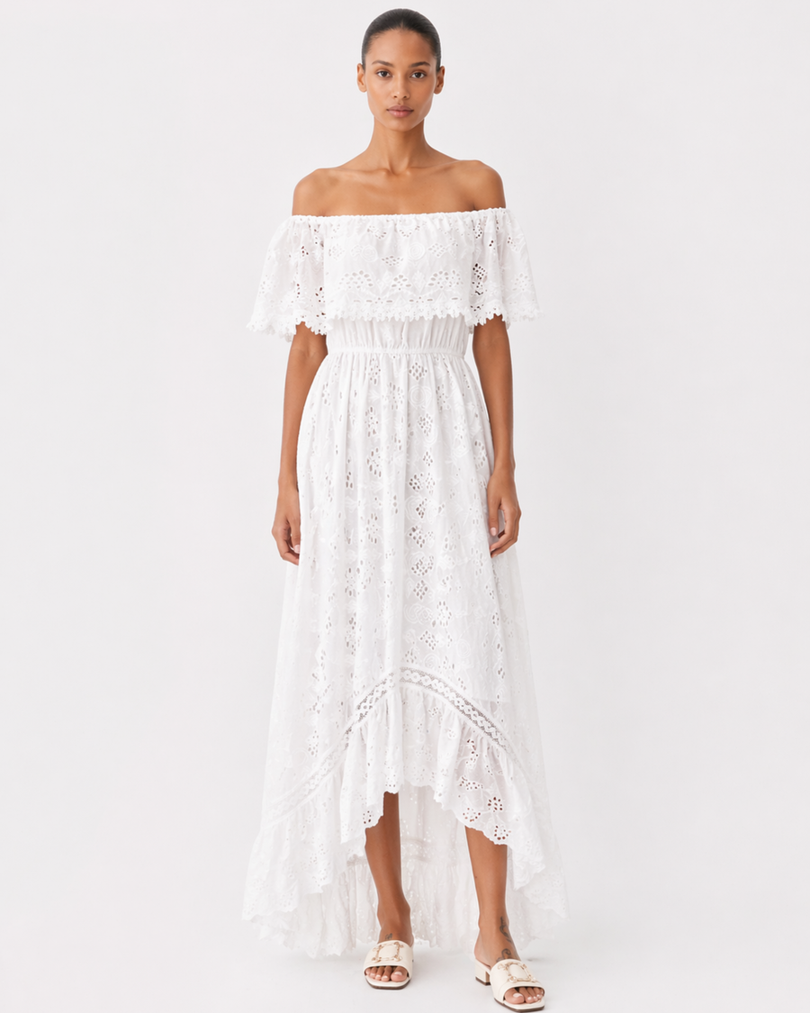 Off-Shoulder Weißes Spitzen Maxi Kleid