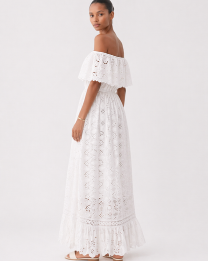 Off-Shoulder Weißes Spitzen Maxi Kleid