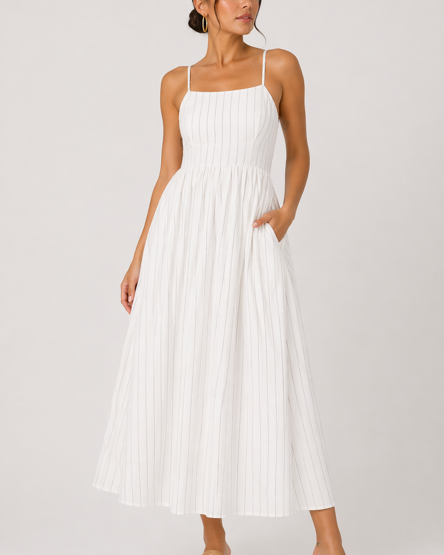 Gestreiftes Midi Kleid mit Trägern und Taschen