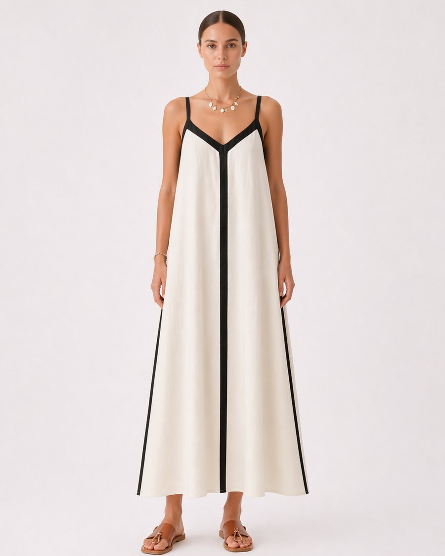 Kontrast Maxi Kleid mit V-Ausschnitt