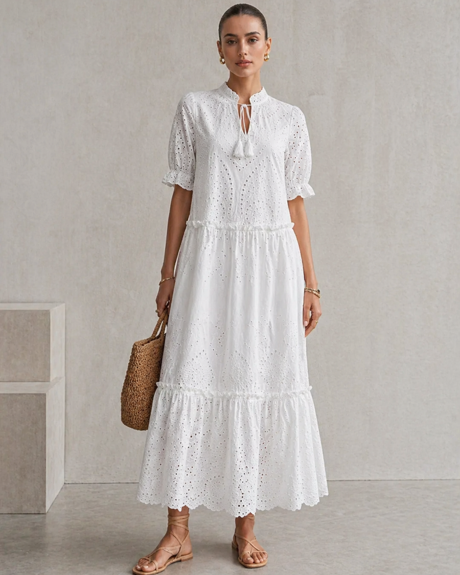 Freizeit Midikleid mit Stickerei und Bindekragen