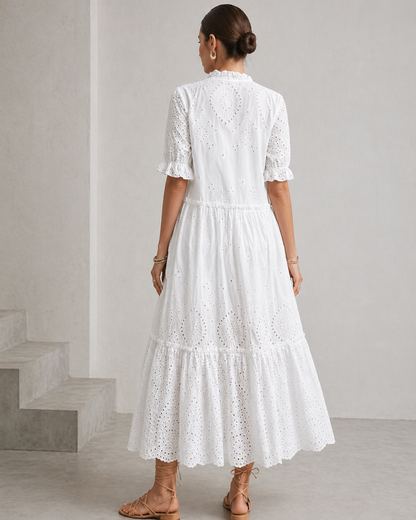 Freizeit Midikleid mit Stickerei und Bindekragen