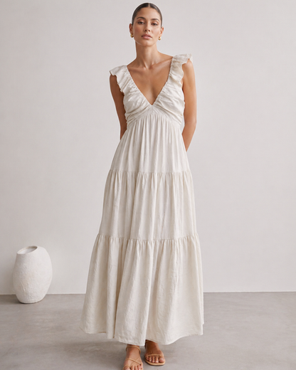 Freizeit Maxikleid mit Volants und V-Ausschnitt