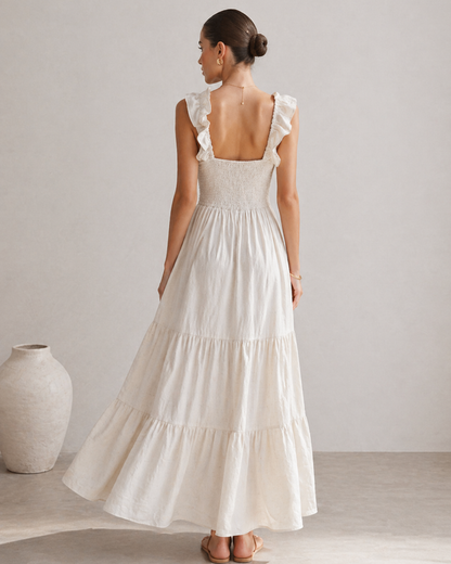 Freizeit Maxikleid mit Volants und V-Ausschnitt