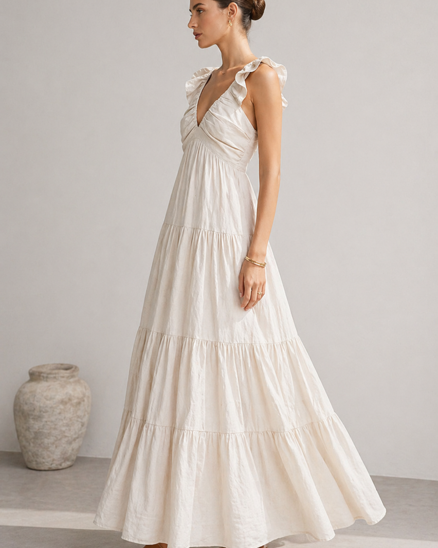 Freizeit Maxikleid mit Volants und V-Ausschnitt