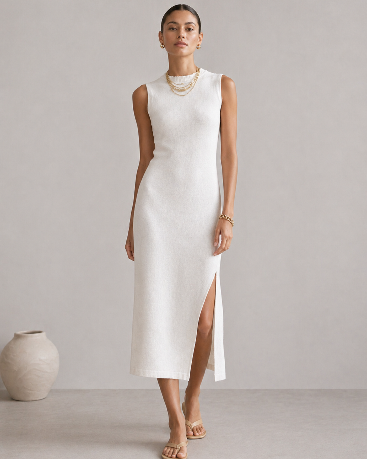 Damen Midi Kleid mit Schlitz – Ärmelloses elegantes Kleid