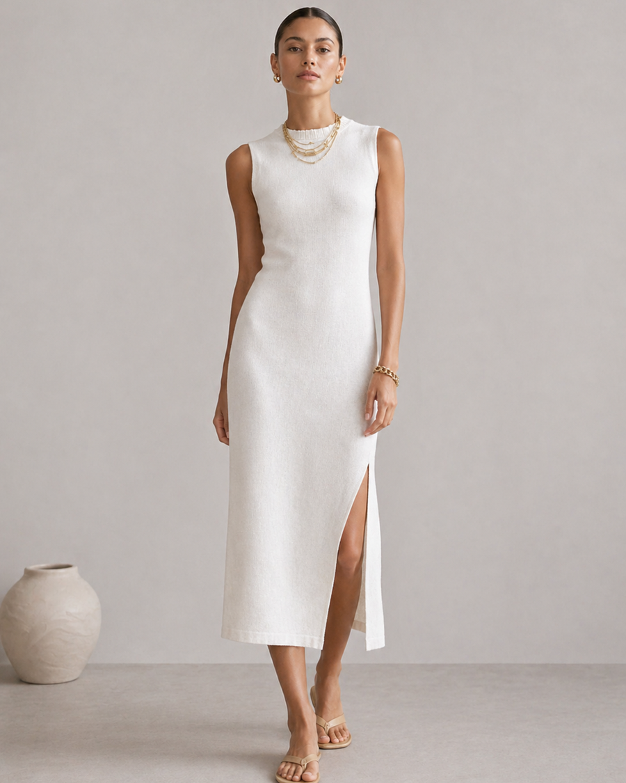 Damen Midi Kleid mit Schlitz – Ärmelloses elegantes Kleid