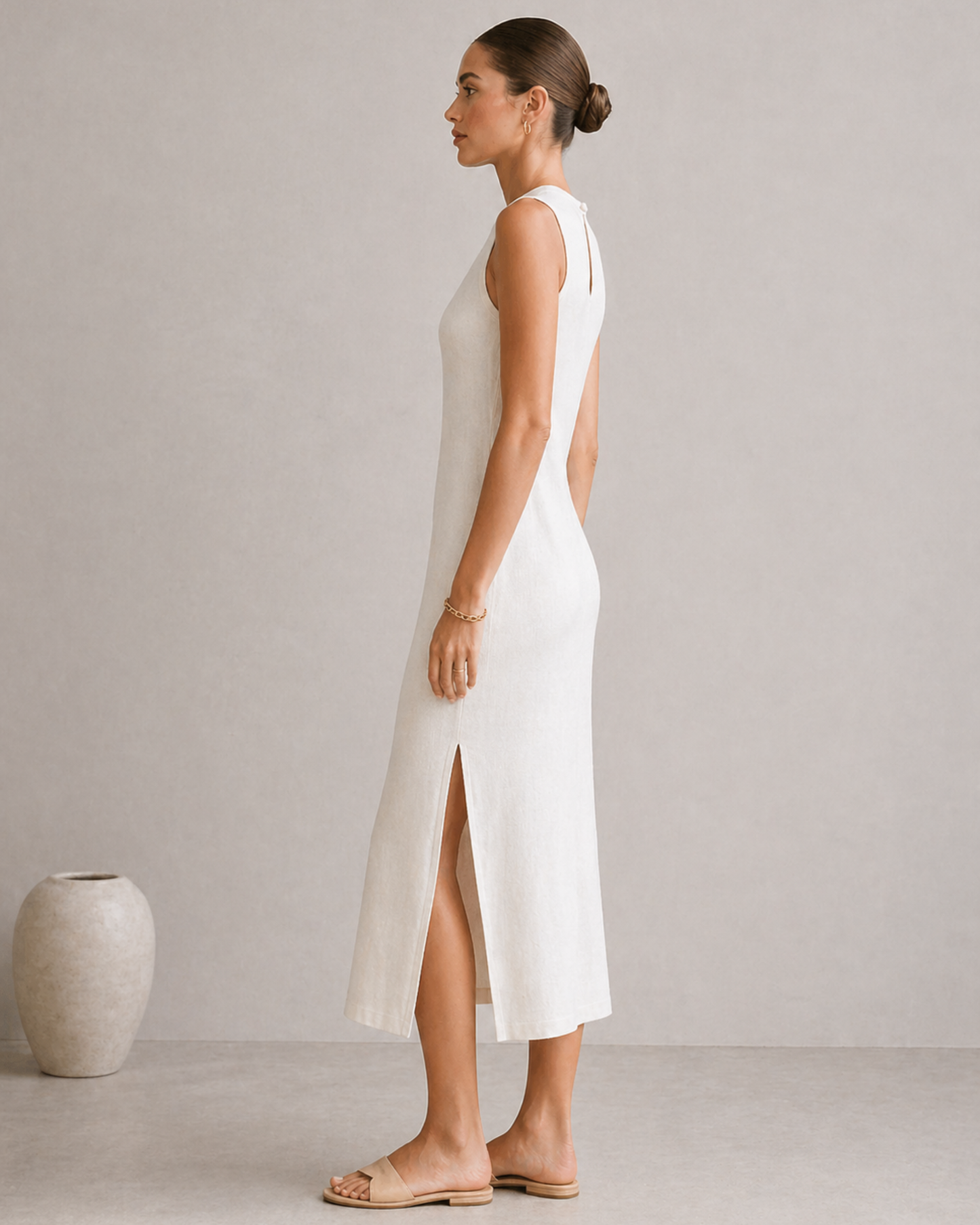 Damen Midi Kleid mit Schlitz – Ärmelloses elegantes Kleid