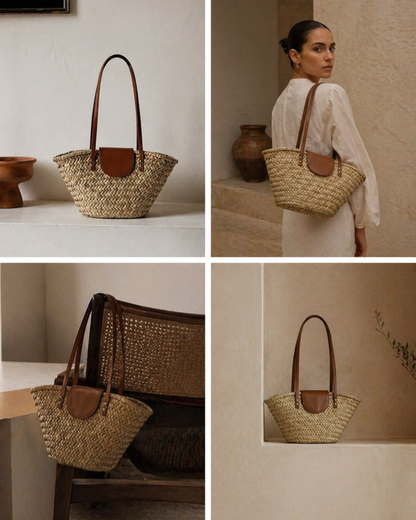 Damen Schultertasche aus Stroh mit Lederdetails – Sommer Tasche